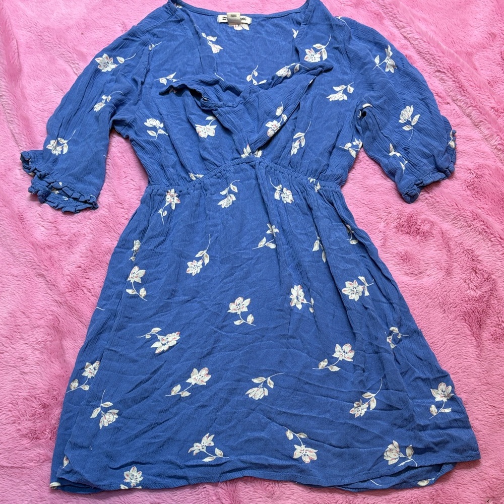 Billabong Indigo Floral Mini Dress w/ Stretch Mid Section and Tie at Chest